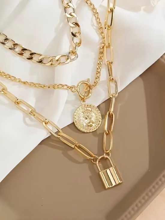 🔥 3 pc Golden Lock & Coin Necklace Set - Picture 3 of 5